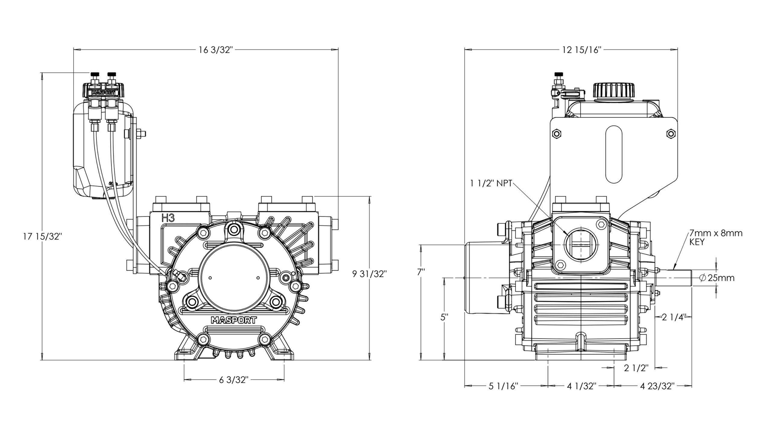 M3+ Vacuum Only Pump Dimensional Drawing
